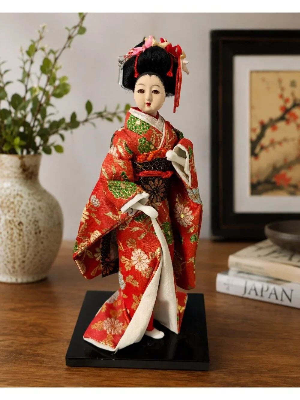 Vintage Japanese Geisha Doll in Red Floral Kimono on Wooden Base 9